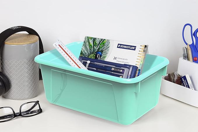 Storex Small Cubby Bins – Plastic Storage Containers for Classroom with Non-Snap Lid 12.2 x 7.8 x 5.1 inches Teal 5-Pack (62412A05C)