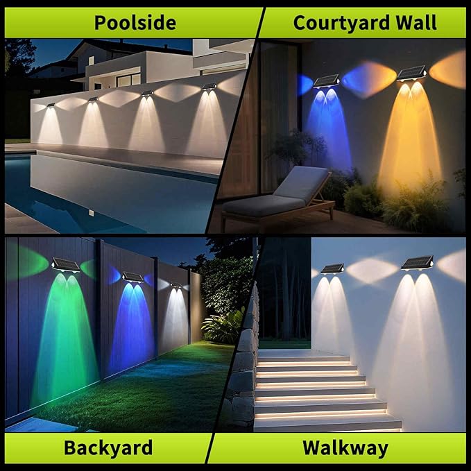 Solar Fence Lights 9 Fixed Colors 10 Modes Solar Lights Outdoor Waterproof 3-Way Warm White Cool White and RGB Color for Backyard Garden Wall