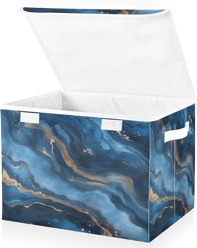 Gold Navy Blue Marble Storage Bins with Lids Foldable Storage Boxes Cube Closet Storage Baskets Container Organizers for Home Bedroom Office