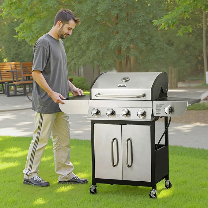 VEVOR Gas Grill 4 Burner Propane Gas Grill with Side Burner 425 SQ.In Grilling Area Carbon Steel Enamel Grates Outdoor 52000 BTU Patio Garden BBQ Grills with Two Side Shelves Stainless Steel