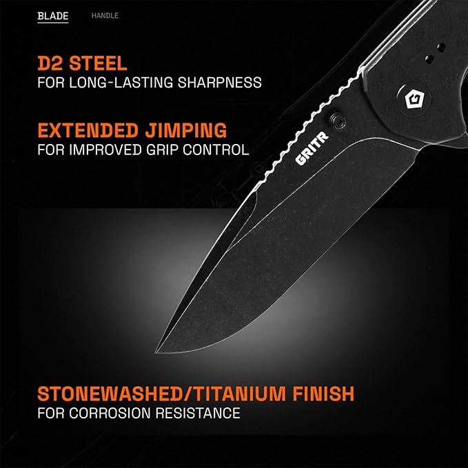 GRITR Stealth Folding Pocket Knife w/ 3.5 D2 Steel Blade for Military Hunting Camping Hiking – Black Handle Non-Serrated Blade with Stonewashed Finish