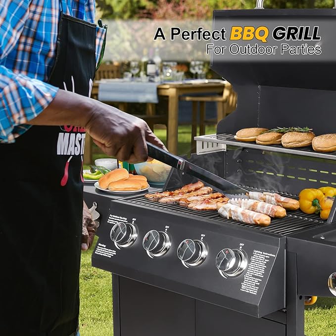Propane Gas Grill 4 Burners with Side Burner Freestanding Grill Cart with Wheels for Outdoor Garden Cooking Barbecue Grill Black