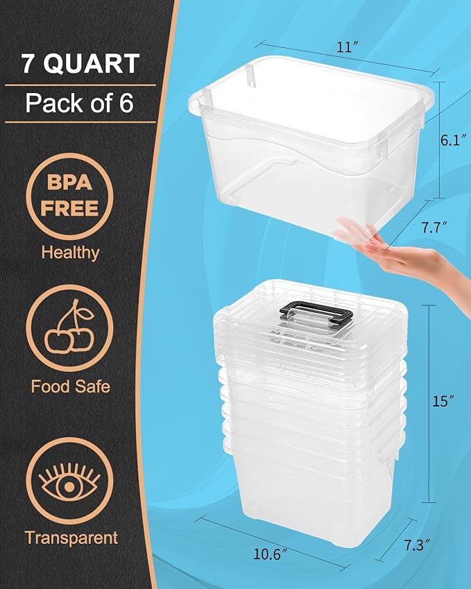 EOENVIVS 6 Pack Clear Storage Bins with Black Buckle and Handle Lids and 6 Pack Clear Storage Bins with Buckle Llids 7 Quart