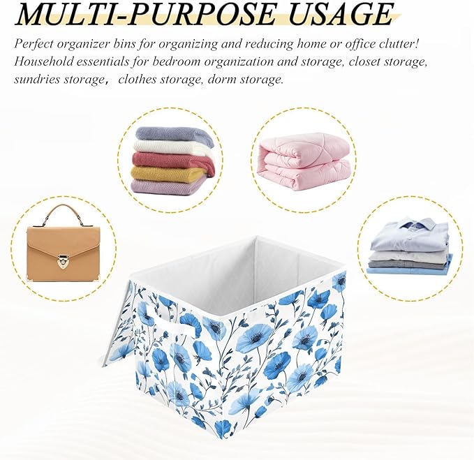 Blue Poppy Flowers and Branches Collapsible Storage Bins with Lids Decorative Fabric Cubes Closet Organizer Basket Boxes Containers for Clothes Box Chest Folding Rectangle