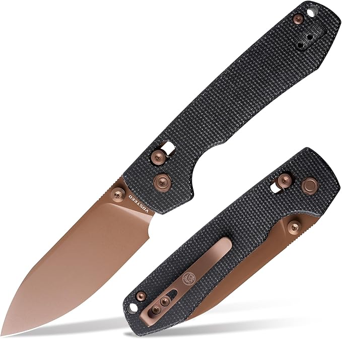 Vosteed Raccoon EDC Knife Lightweight Pocket knife with Clip for Men &amp Women - 3.25 Sandvik 14C28N Steel Rose Gold Blade Crossbar Lock Micarta Handle Folding knives - A0539