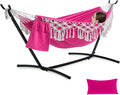 PNAEUT Handmade Tassel Hammocks Double Hammock with Stand for Outside Max 450 lbs Capacity Pillow &amp Storage Bag Included (Pink)