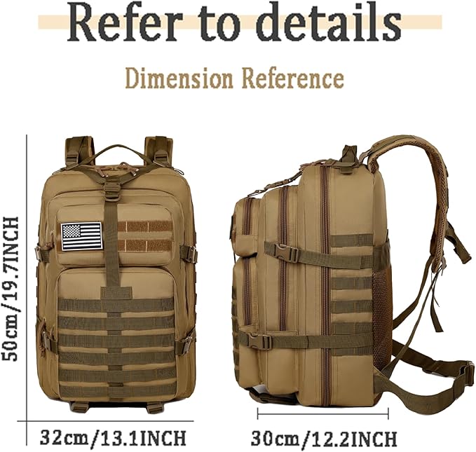 45L Military Tactical Backpack for Men Large 3-Day Assault Pack MOLLE Rucksack Waterproof Survival Bug Out Bag for Hiking Camping Hunting Gym &amp Work Includes US Flag Patch - Stealth Black