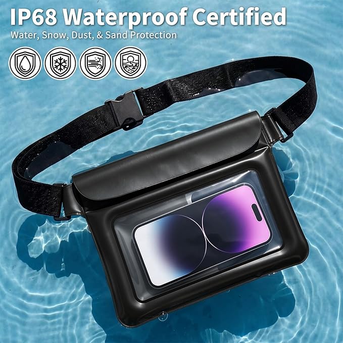 Waterproof Bag Set IPX8 2 Pcs: Black 9.8 Clear Fanny Pack &amp 7 Waterproof Phone Pouch Floating Phone Case Water Proof Dry Bag with Adjustable Strap for Beach Swim Kayak Boat Cruise Essentials