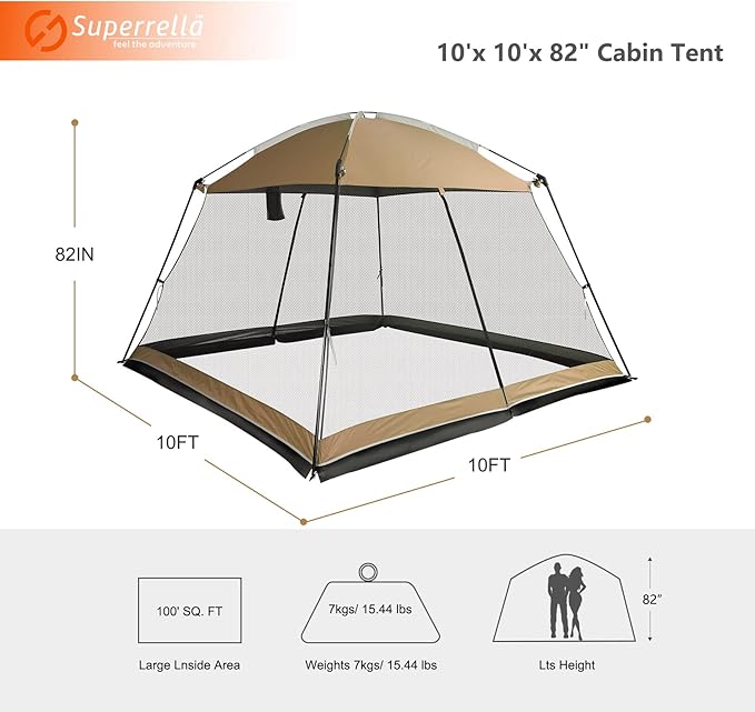 Screen House 10x10 Ft Square Camping Canopy Tent Sun Shade Gazebo Shelter Perfect for Outdoor Activities Khaki