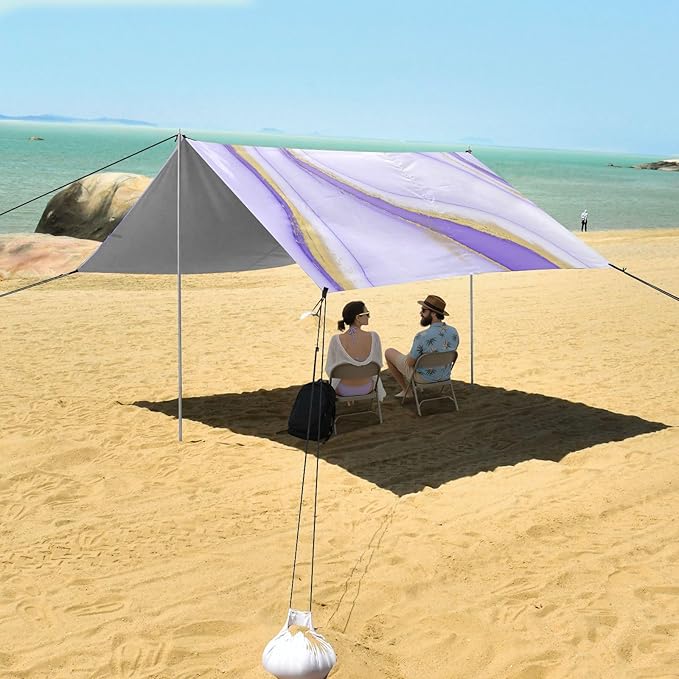 xigua Purple Texture Beach Tent Sun Shelter with Carrying Bag - Silver Coated Oxford Fabric Beach Canopy for Beach Camping Fishing - Includes Windproof Ropes Sandbags &amp Stakes