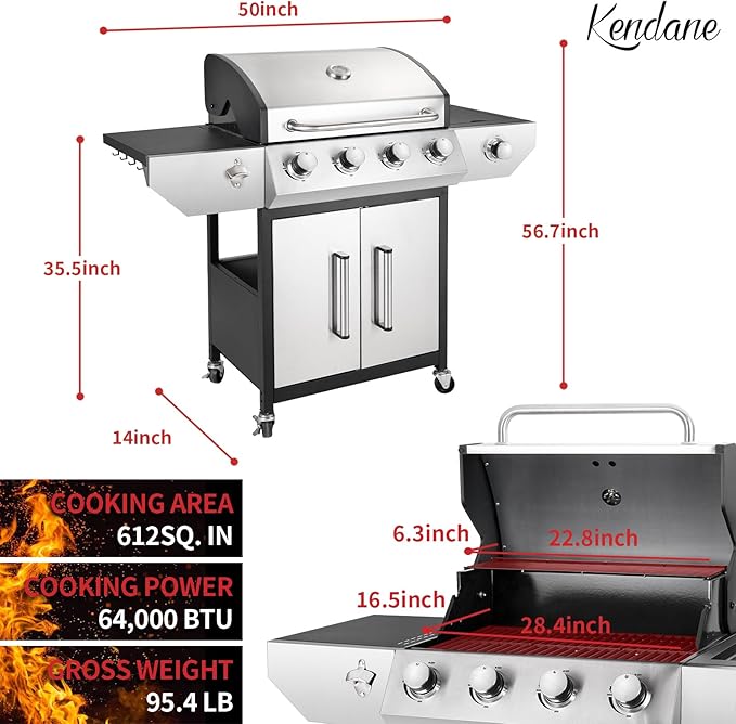 Kendane 4-Burner Propane Gas BBQ Grill with Side Burner Barbecue Gas Grill with Enameled Cast Iron Grates for Outdoor Patio Garden Barbecue 53000 BTU Stainless Steel Grill Cover included