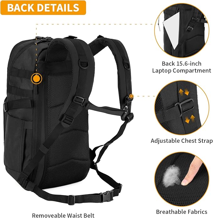 HUNTVP Tactical Backpack for Men 35L Military Backpack MOLLE 1000D Army Daypack 3 Day Bug Out Bag for Work Camping Hiking Outdoor Black