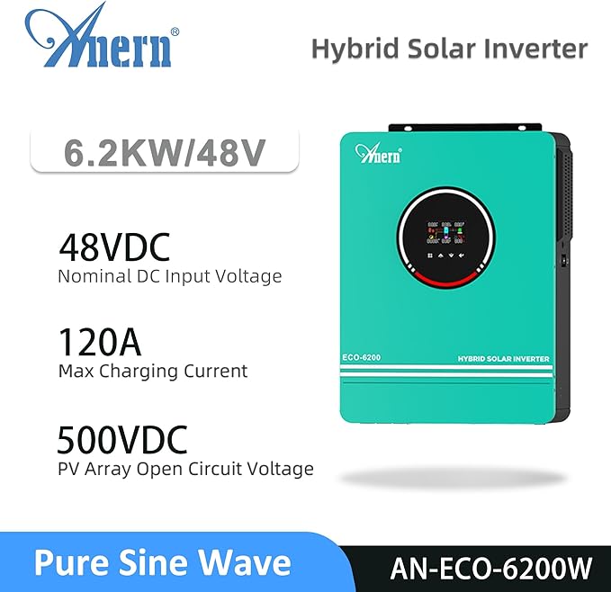 6200W Hybrid Solar Inverter 48V DC to 220-230VAC Pure Sine Wave Solar Inverter with 120A MPPT Solar Charge Controller Fit for 48V Lithium Lead-Acid Gel Battery Off-Grid System