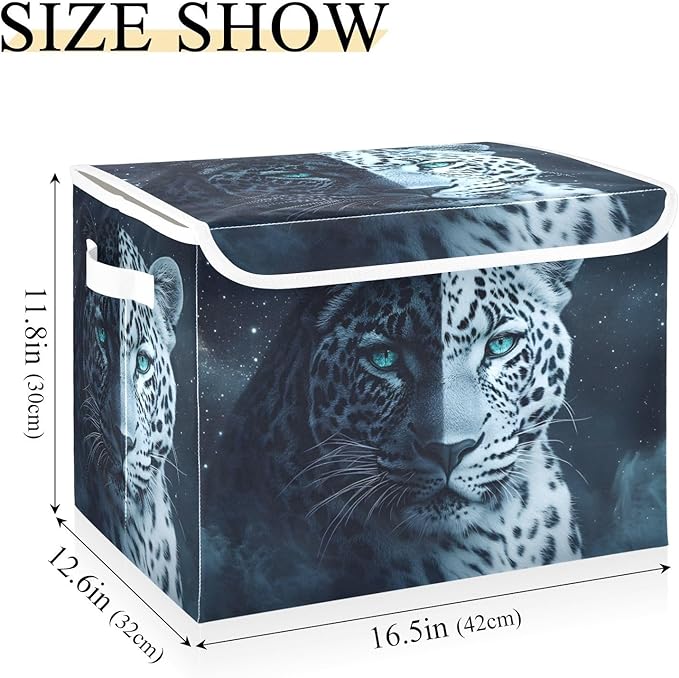 Storage Cube with Lid White Black Leopard Print 16.5×12.6×11.8 IN Collapsible Large Capacity Foldable Storage Basket Bin Organizer