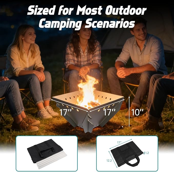 Stainless Steel Fire Pit for Camping Collapsible Fire Pit for Outdoor Use 2-4 Person Portable Firepit Tool-Free Assembly Patio Bonfire Picnic and BBQ with Grill Net &amp Canvas Storage Bag