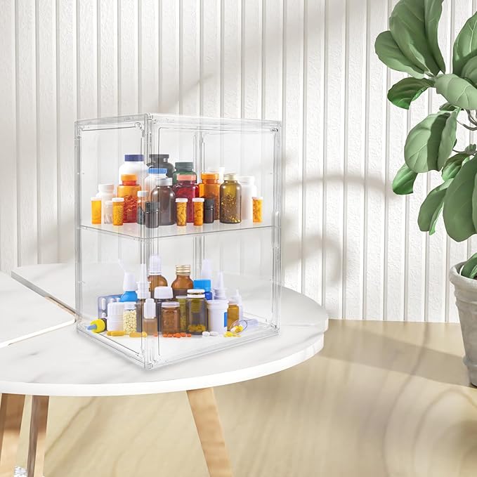 Acrylic Display Case - 2 Layers Transparent Doll Display Box Oversized with Magnetic Lid and Removable Partitions for Storing Dolls Models and Cosmetics