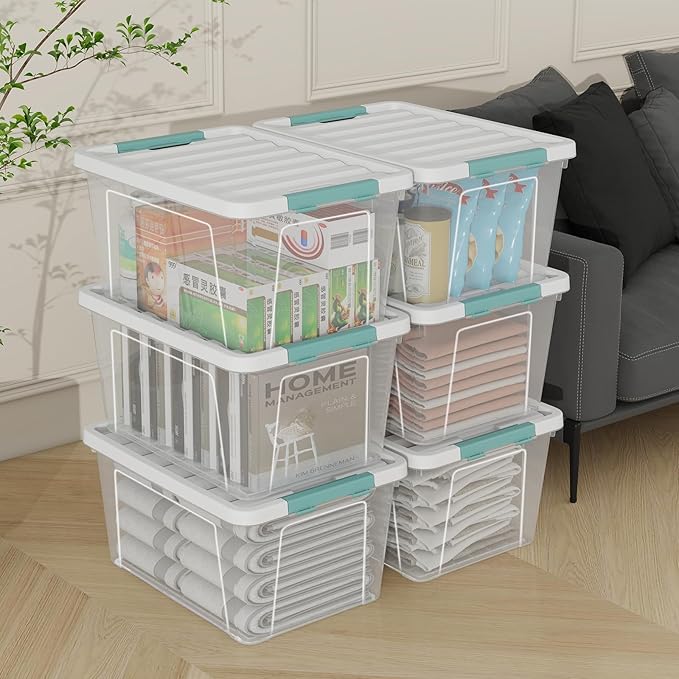 20 Quart Clear Plastic Storage Bins with Lids 6 Packs Latch Storage Container Box