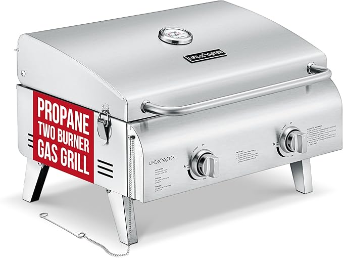 Stainless Steel Gas Grill Dual 10000 BTU Burners 275 Sq.In Cooking Space Push-to-Start Ignition Wind-Proof Lid with Built-in Thermometer Perfect for Camping Tailgates &amp Backyard BBQ Cookouts