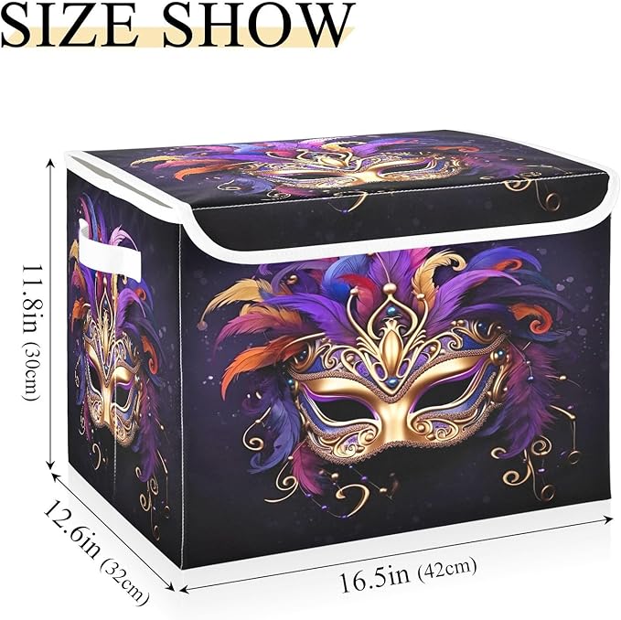 Christmas Storage Baskets with Lids Carnival Masquerade Mask Collapsible Bins Stackable Fabric Linen Baskets Closet Organizer Container 16.5x12.6x11.8