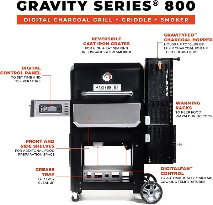 Masterbuilt® Gravity Series® 800 Smoker Grill - Charcoal Grill plus Griddle Insert Digital Control App Connectivity 800 Cooking Square Inches in Black Model MB20040221