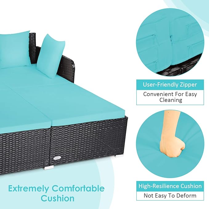 Tangkula Outdoor Rattan Daybed Sunbed Wicker Furniture w/Spacious Seat Upholstered Cushion &amp High-Resilience Sponge Wicker Patio Sofa Set w/Extra Pillows for Courtyard Poolside(Turquoise)