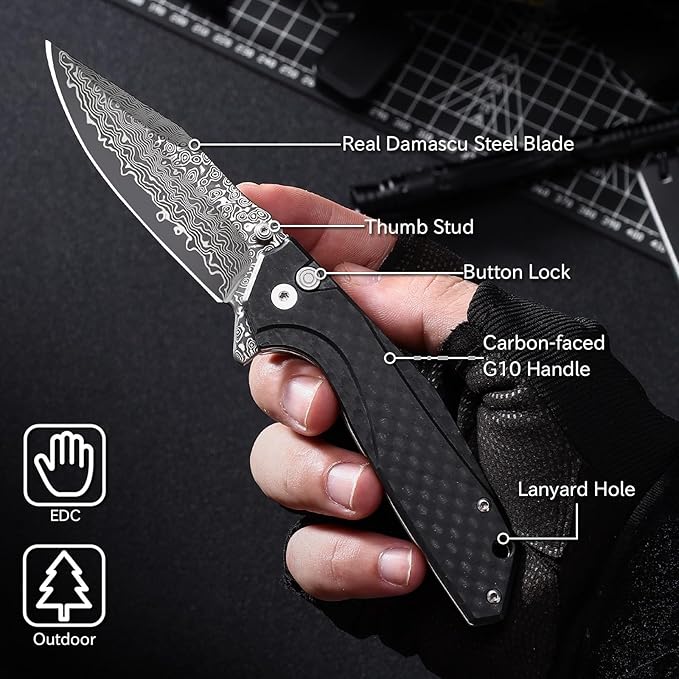 Damascus Pocket Knife with Button Lock G10 Handle 3.35 Sharp Damascus Steel Blade Folding Knives EDC Knifes for Men Camping Hiking Collection