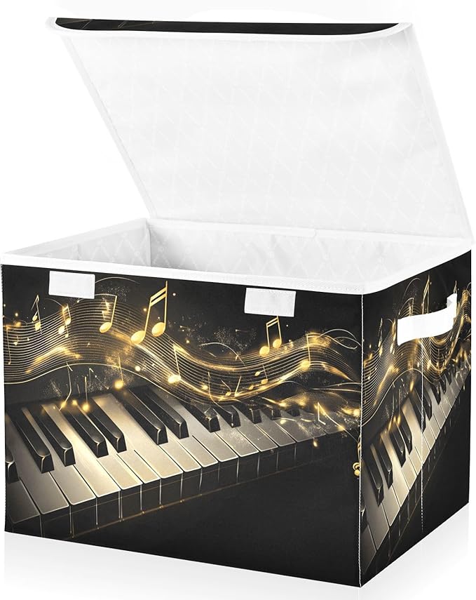 Foldable Storage Bin Basket with Lid - Piano Keys Music Notes Gold Large Collapsible Storage Box Organizer for Home Office &amp Books Clothes Storage 16.5x12.6x11.8
