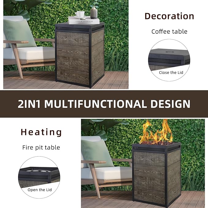 Afterglow Terrafab Grey Panels with Steel Frame 16 Square 40000 Btu Propane Fire Column Outdoor Wood Effect Fire Pit for Outdoor Patio Garden Backyard Decking Decor CSA Certificated