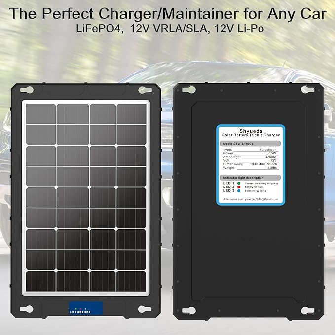 12V 7.5w Solar Battery Charger Pro - Built-in Intelligent MPPT Controller Waterproof for Car Automotive Boat and Marine RV Trailers - Solar Panel Trickle Charging Kit (SP-7.5W)