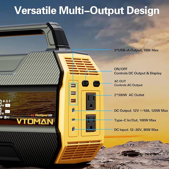 VTOMAN FlashSpeed 300 Portable Power Station 300W 230Wh LiFePO4 Battery with 3000 Life Cycles 100W PD USB-C Fast Charge 6 Outputs for Outdoor Camping Home Backup RV Off-Grid