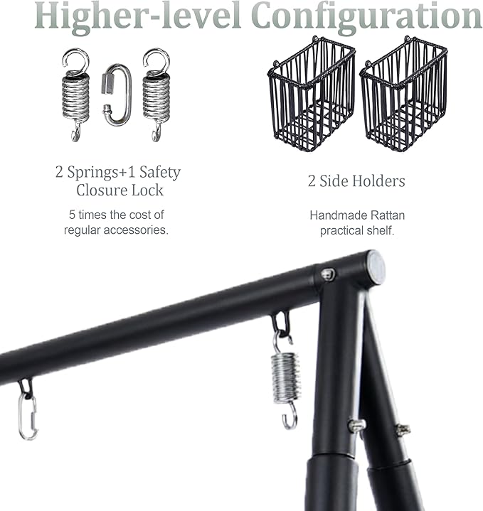YOXIFOC Reinforced Base &amp Triangular Structure Hammock Stand with 2 Storage Baskets Swing Stand with 3 Hooks Fit for Most Hanging Chair for Oudoor&ampIndoor (with Chair) (Black)