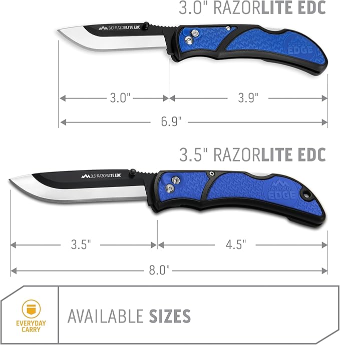 OUTDOOR EDGE 3.5 RazorLite EDC Knife. Pocket Knife with Replaceable Blades and Clip. Perfect For Hunting &amp Skinning Deer. Blue with 6 Blades