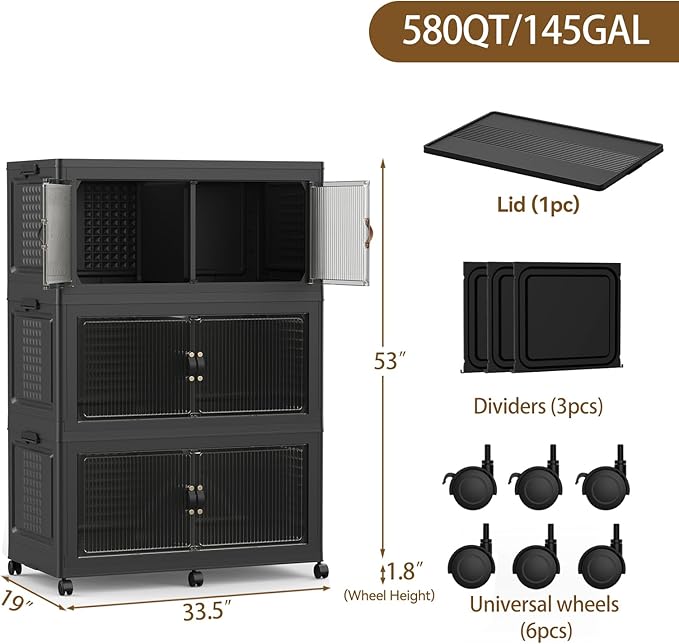 SAILUN 145Gal/579Qt Stackable Storage Bins Folding Collapsible Storage Bins with Lid Closet Organizers and Storage Box with Door Black 33.5 W x 19 D x 53 H