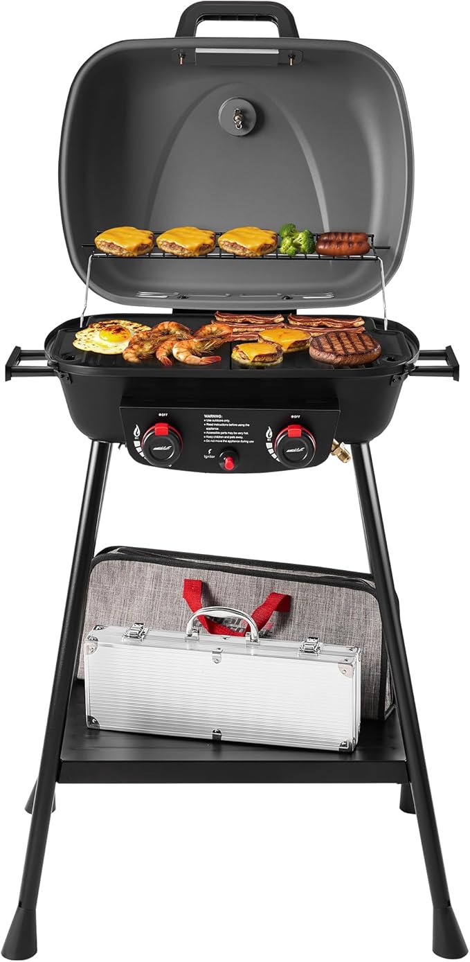 Royal Gourmet GT2003 Portable 2 Burner Propane Gas Grill with Stand and Warming Rack 2-in-1 Grill Griddle Combo with 17000 BTUs Output forCamping Tailgating Backyard Gray