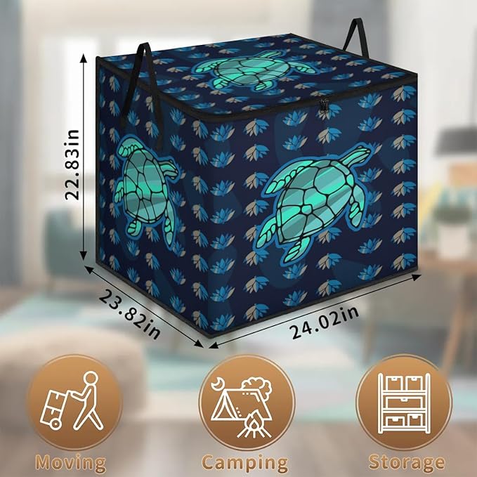 Large Sea Turtle Storage Bags with Lid XL Blanket Clothes Storage Bins Foldable Organizers Storage Containers with Handle for Comforters Bed Sheets Pillows Ocean Animal