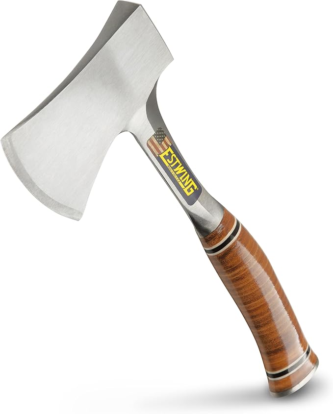 ESTWING Sportsman's Axe - 14 USA Made Camping Hatchet with Forged Steel Construction &amp Genuine Leather Grip - E24A