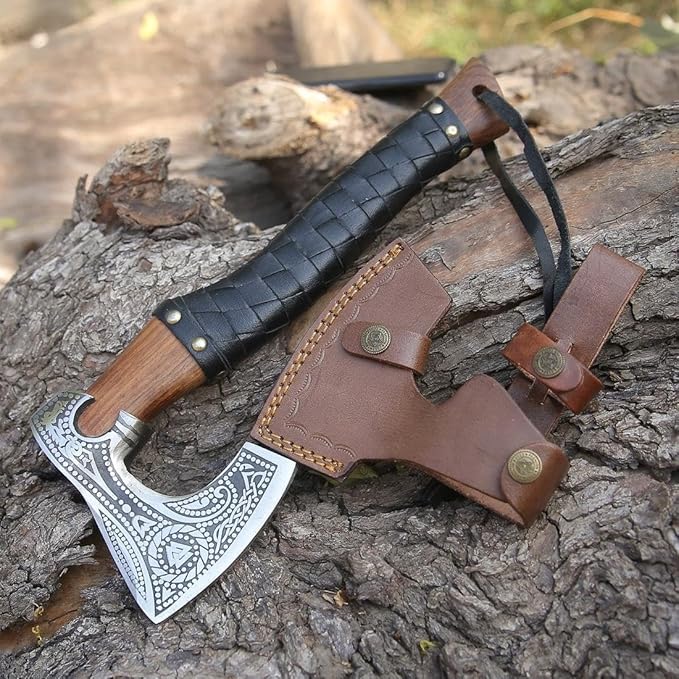 Qepaa Crafts®Russian Valknut Wood Viking Style Bearded Axe Tomahawk - Real Hatchet Best Gift for Anniversary Valentine's Day BirthdayLeather Sheath with Leather Wrap Handle Perfect Hand Grip (SFL)