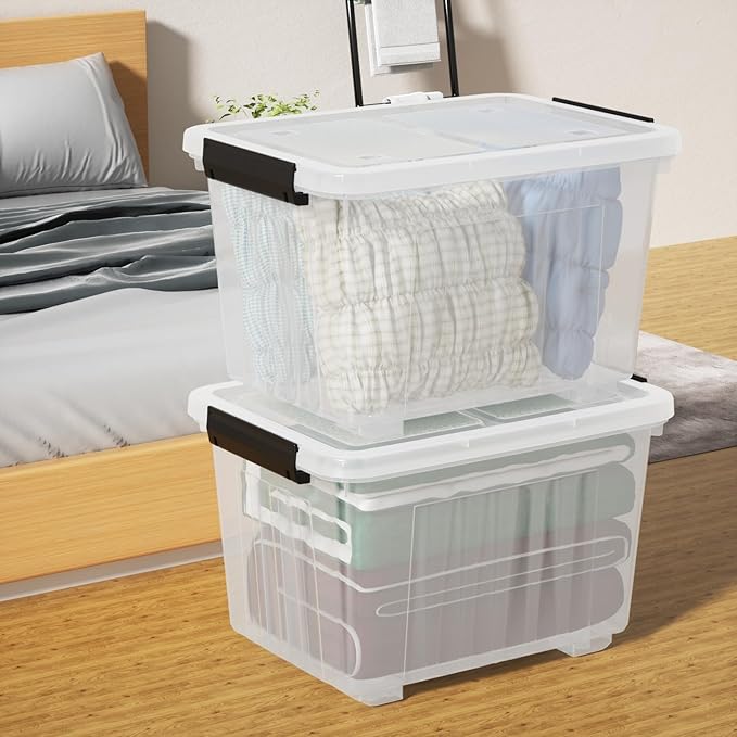 4-Pack 50 Quart Plastic Storage Bin Box Organizing Container with Lid and Secure Latching Buckles Stackable Wheeled Box Clear