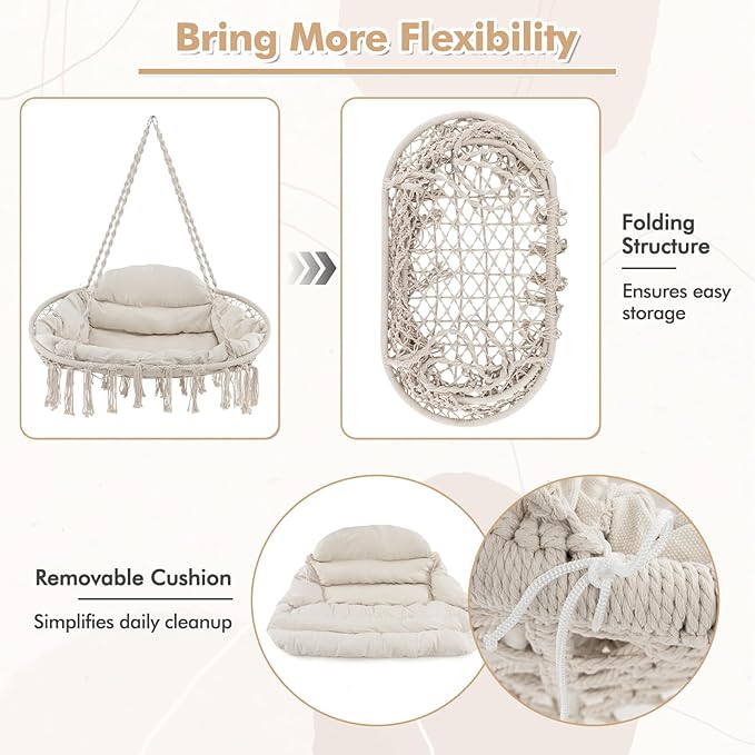 Tangkula 2-Person Hanging Hammock Chair Boho Style Macrame Hammock Swing with Soft Cushions Tassels Indoor Outdoor Cotton Rope Hanging Swing Chair for Bedroom Porch Balcony