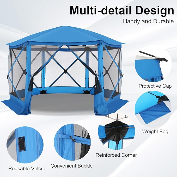 COBIZI 12x12FT Pop Up Gazebo Screen Tent Screen House for Camping Screen Room with Mosquito Netting Hub Tent Instant Screened Canopy with Carrying Bag and Ground Stakes Blue(Upgraded)