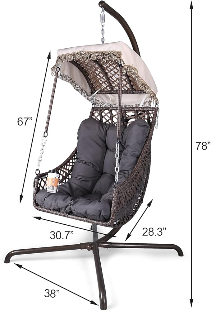 Swing Egg Chair with Stand Indoor Outdoor Wicker Rattan e 350lbs Capacity Hammock Chair for Patio Bedroom with Sunshade Cloth Courtyard Cushion and Pillow(Old W1132P169534)