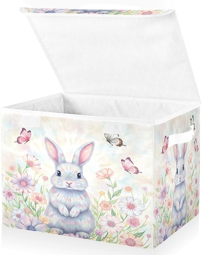 Bolaz Happy Easter Day Bunny Eggs Spring Flowers05 Storage Bins with Lids and Handles Foldable Storage Box Storage Basket with Cover Collapsible Organizer Containers for Home Closet Shelves