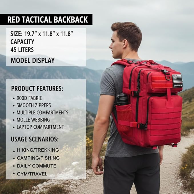 45L Military Tactical Backpack for Men &amp Women Bug Out Bag Assault pack Molle Daypack Hiking Trekking Rucksack (2.0 side pockets (red))