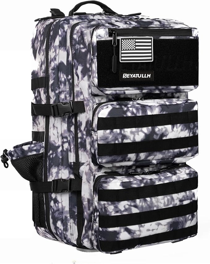 55L Military Tactical Backpack - Bug Out Bag with MOLLE System for Hiking(Black and white tie dye)