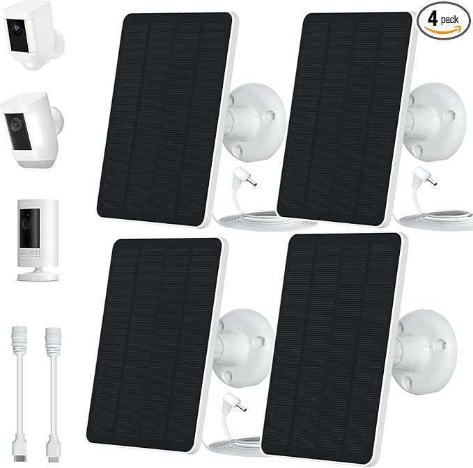 4-Pack 5W Solar Panels for Security Cameras with 360° Adjustable Mounting - IP65 Waterproof - 9.8 Ft Charging Cable - Micro USB &amp USB-C &amp DC3.5mm Ports