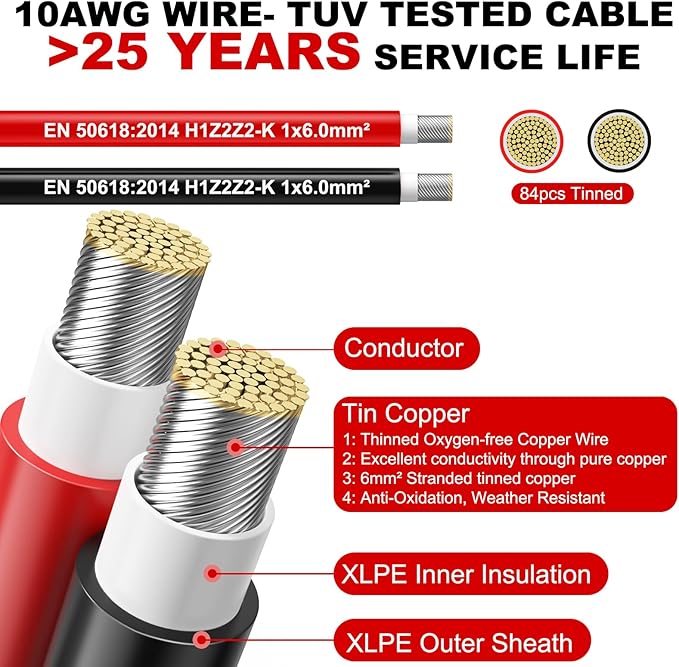 Oududianzi 2x100 Feet Solar Panel Wire 10AWG Solar Wire Tinned Copper PV Cable for Outdoor Automotive RV Solar Panels Boat Marine