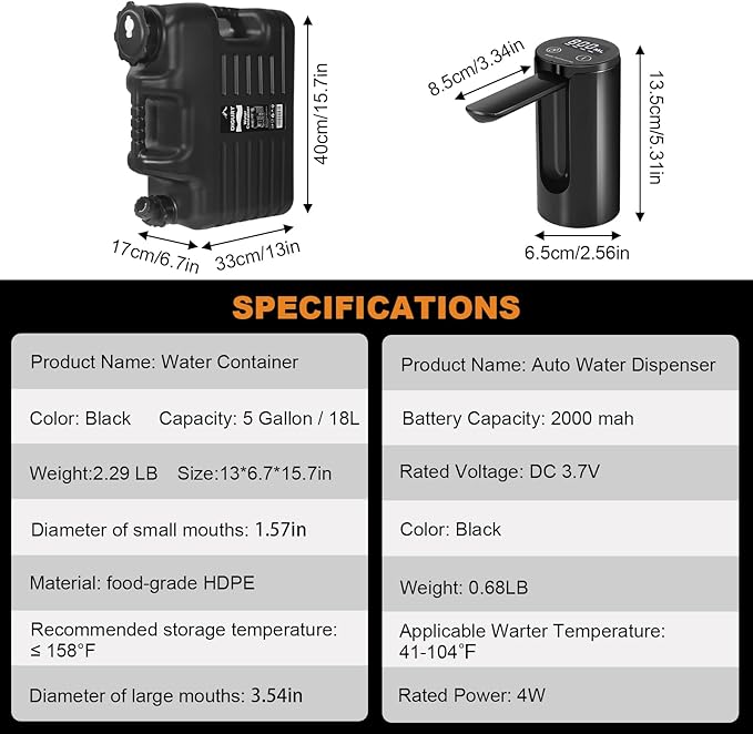5 Gallon Water Jug with Electric Water Dispenser 2000mAh Automatic Type-C Rechargeable Water Pump BPA Free Camping Water Container Tank No Leakage