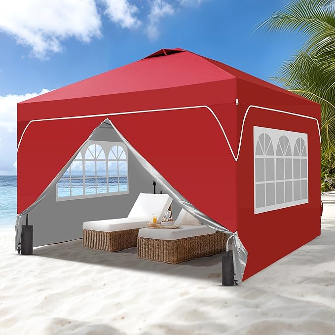 GDY 12x12FT Pop Up Canopy Tent with One Push Setup Easy to Install with 4-Sidewalls for Events Parties Camping Outdoor Gazebo with 4-Sandbags and Wheel BagRed.