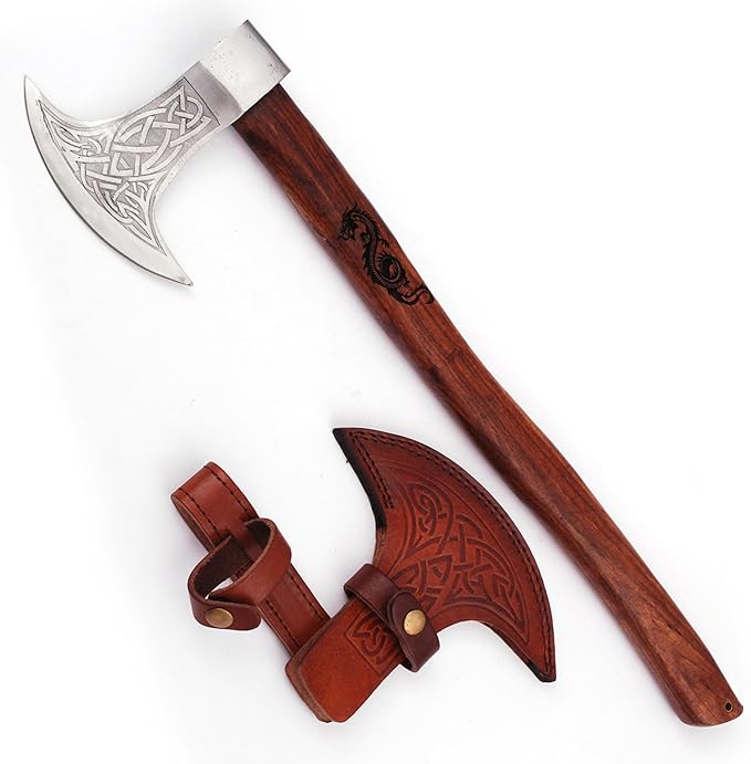 Armory Replicas™ Dragon Slayer Viking Battle Axe – 23 Carbon Steel Beheading Axe w/Knot Motif Sheesham Wood Handle Options – Rustic Brown Finish Functional Crescent Blade