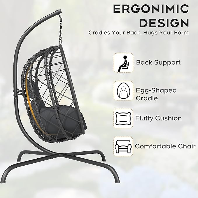 Foldable Hanging Egg Chair with Stand - Wicker Swing Hammock Chair with Cushion - for Patio Porch Balcony Weight Capacity 350lbs (Dark Gray)